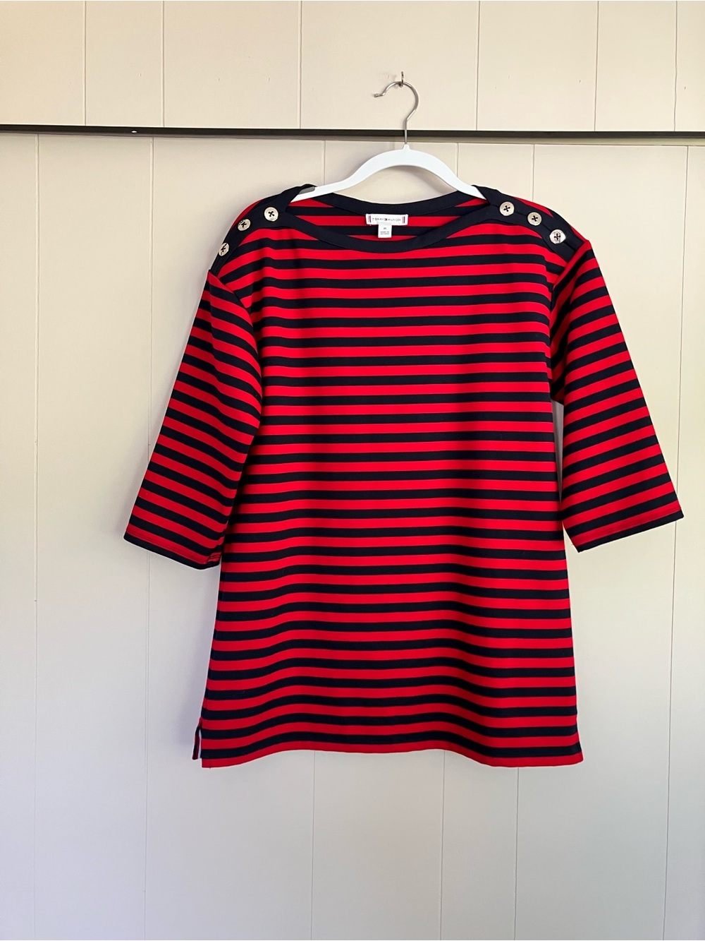 Tommy Hilfiger Red & Navy Striped Button-Shoulder Tunic Top Boat Neck 3/4 Sleeve